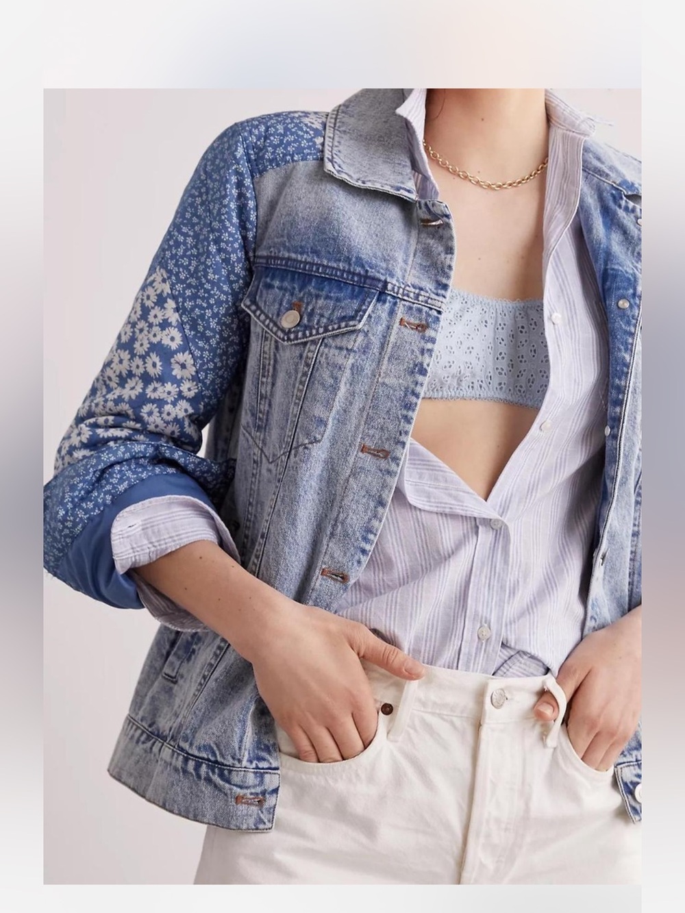 Avec Les Filles Floral Patchwork Denim Trucker Jacket Size S
